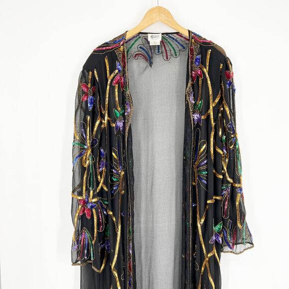 Vintage 1980s Long Sheer Sequin Beaded Duster Coat - Picture 2 of 9